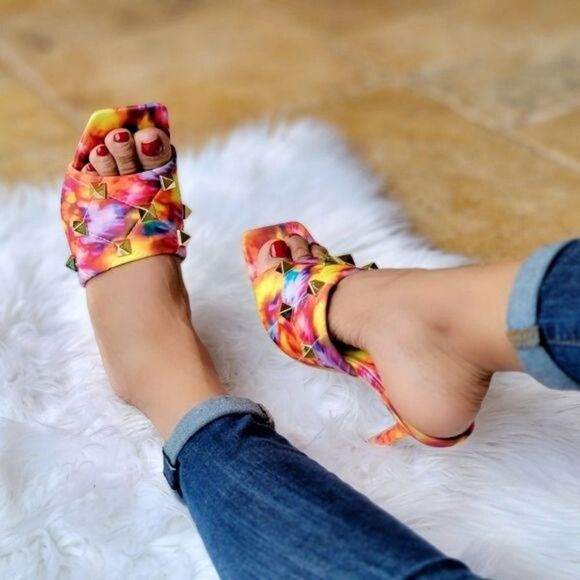 Women's Multi Color Roman Stud Quilted Slide High Heel Sandals - Picture 6 of 7